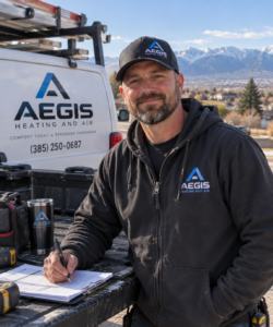Patrick Dugger, owner of Aegis Heating and Air, standing outdoors beside a company service truck in West Valley City, Utah