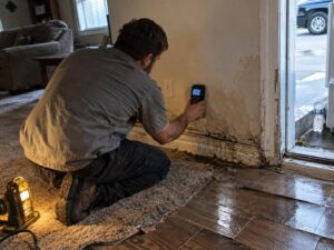 Moisture reading on damaged drywall in Brands We Service by Aegis Heating and Air