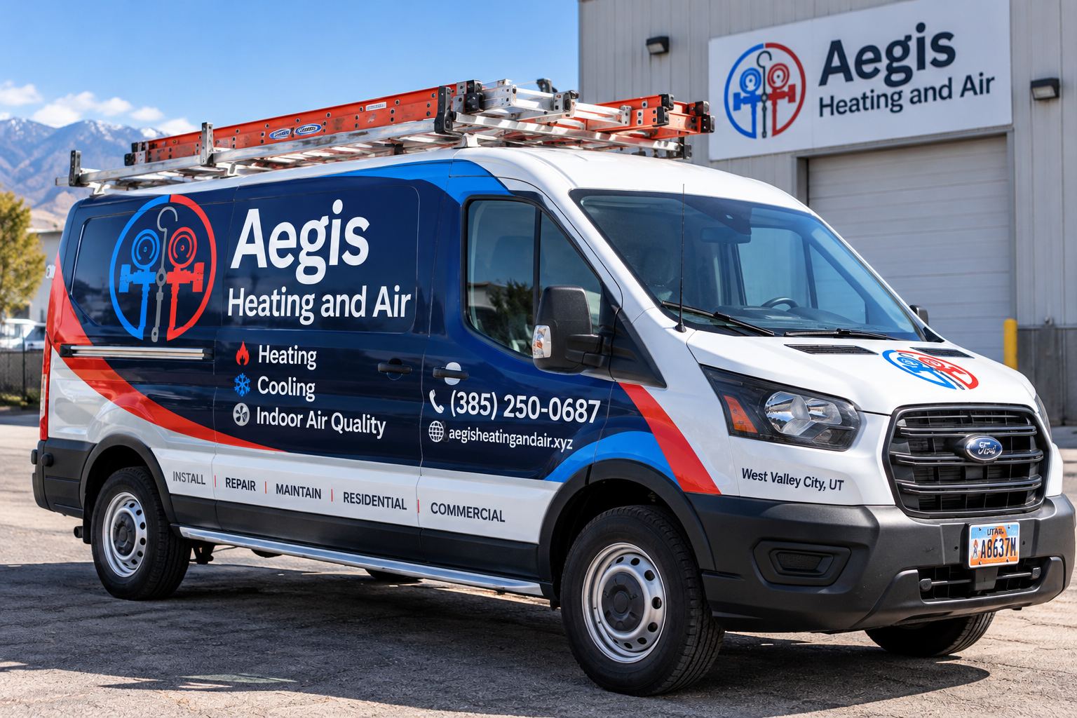 Aegis Heating and Air wrapped service truck in West Valley City, Utah
