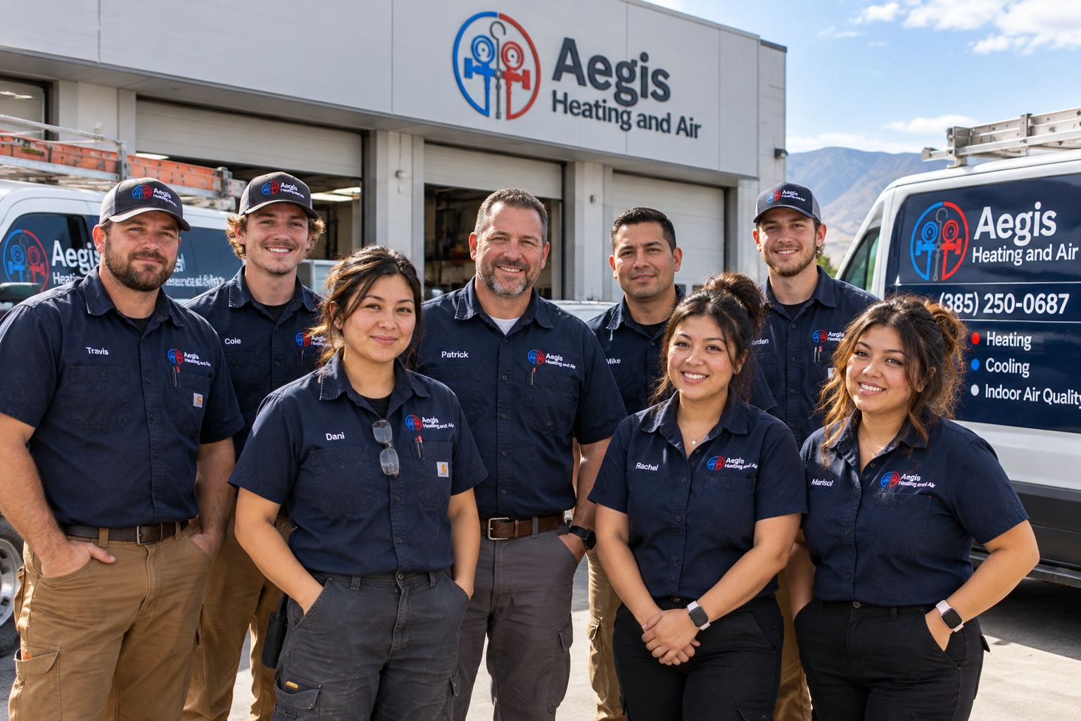 The Aegis Heating and Air team at the shop on Manhattan Court in West Valley City, Utah