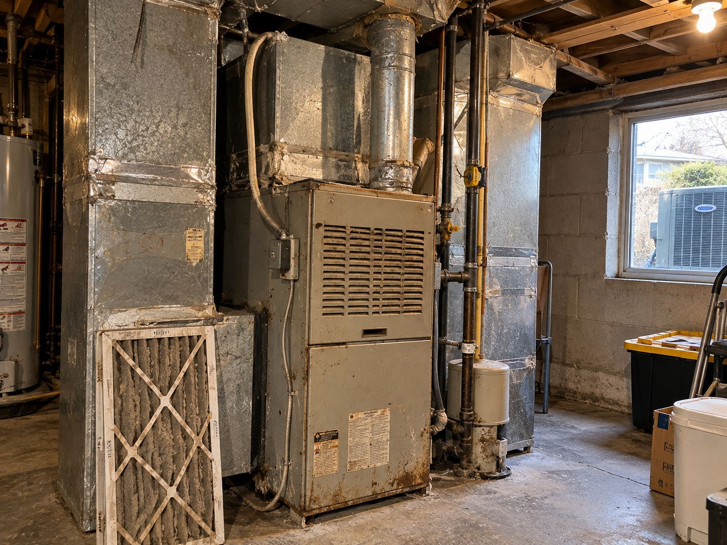Original 1960s furnace and water heater chimney venting at Kearns home before Aegis upgrade