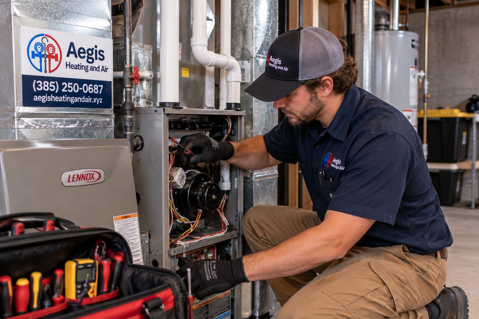Aegis Heating and Air technician servicing a furnace in a West Valley City home
