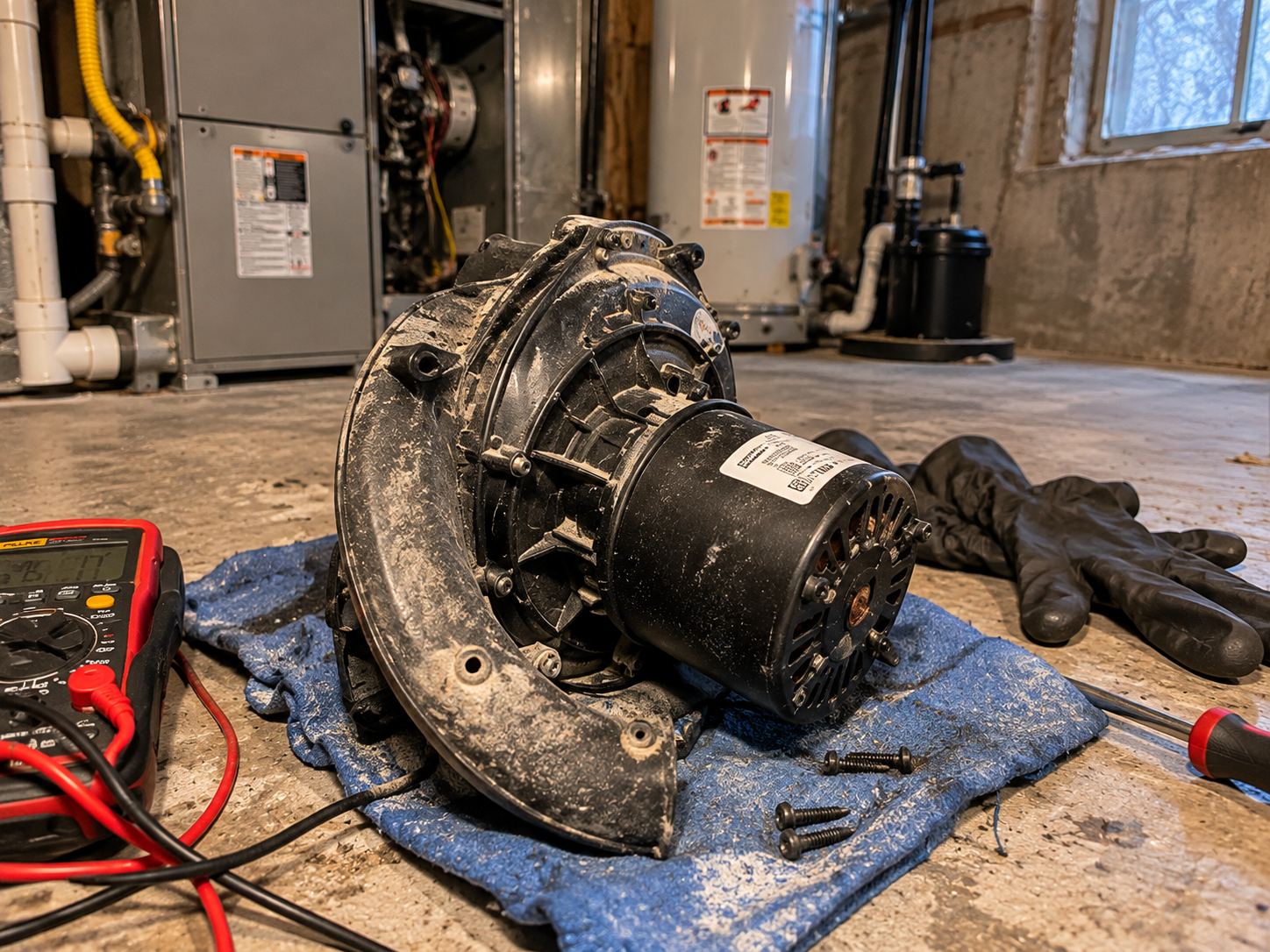 Failed furnace inducer motor removed from West Valley City home during 4°F emergency repair