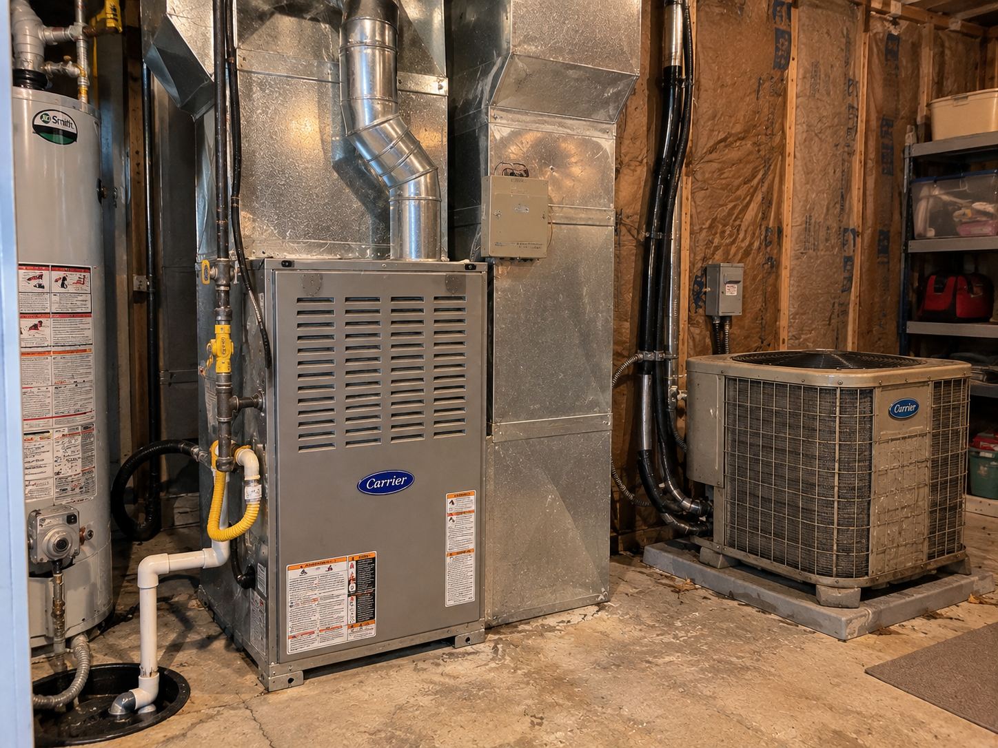 26-year-old gas furnace and AC condenser at West Valley City home before heat pump conversion